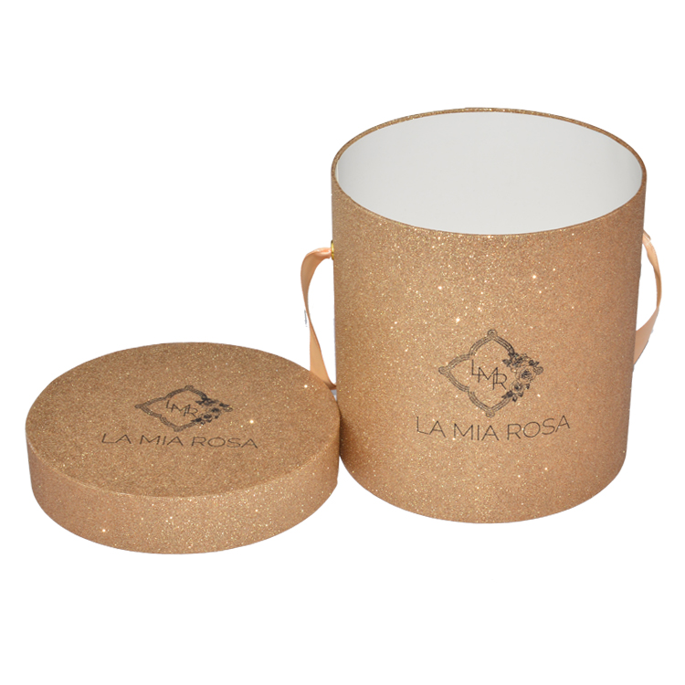 Gold Glitter Paper Round Cylinder Mini Florist Flower Box for Preserved Rose with Silk Handle