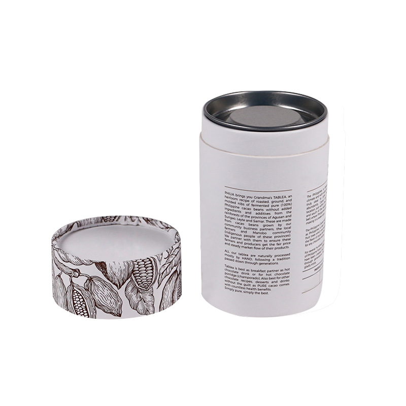 Food Grade Recycled Custom Cacao Beans Paper Tube Cardboard Cylinder Cylindrical Round Box with Metal Lid