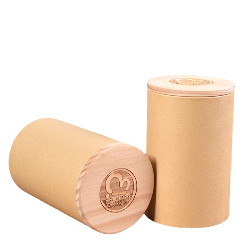 Wholesale Custom Thickened High-end Wood Lid Tea Cylinder Box Food Grade Kraft Paper Tube Packaging with Bamboo Cover