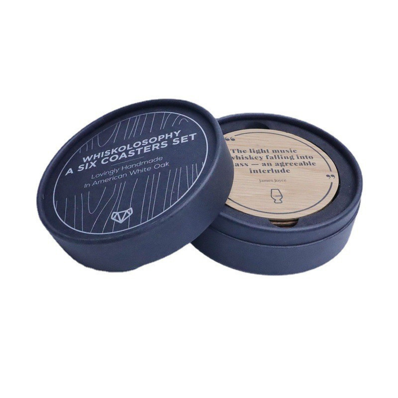 Wholesale Custom Hot Silver Stamping Logo Black Kraft Paper High-Grade Coaster Tube Packaging Cylinder Box With EVA Holder