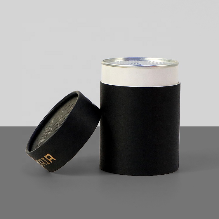 Easy Peel Open Lid Black Food Grade Kraft Paper Tube Candy Round Package Box For Coffee Powder Food Salt Spice Protein Powder