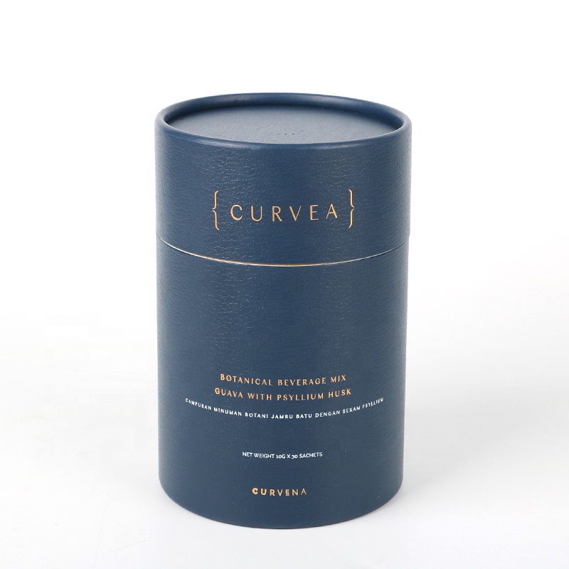 Custom High Quality Dark Blue Fancy Paper Cylinder Box Gold Neck Paper Tube Box For Solid Powder Sachets